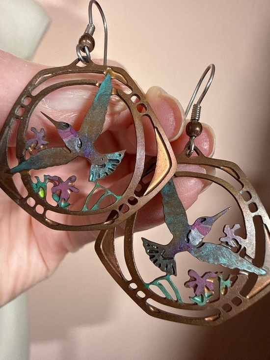 Estate Jewelry - Artisan Handmade humming bird mixed metal vintage southwestern earrings
